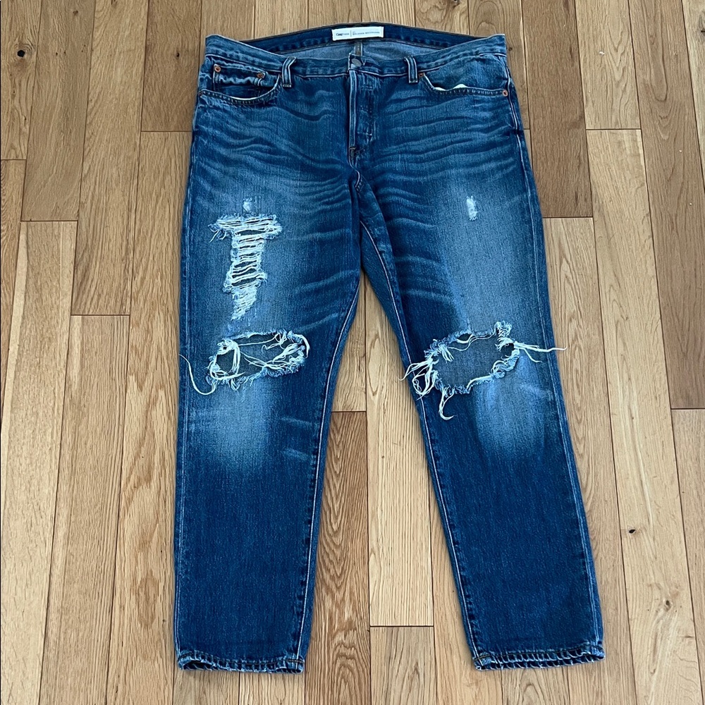 GAP Women Dark Blue Ripped Relaxed Boyfriend Jeans Button Fly
